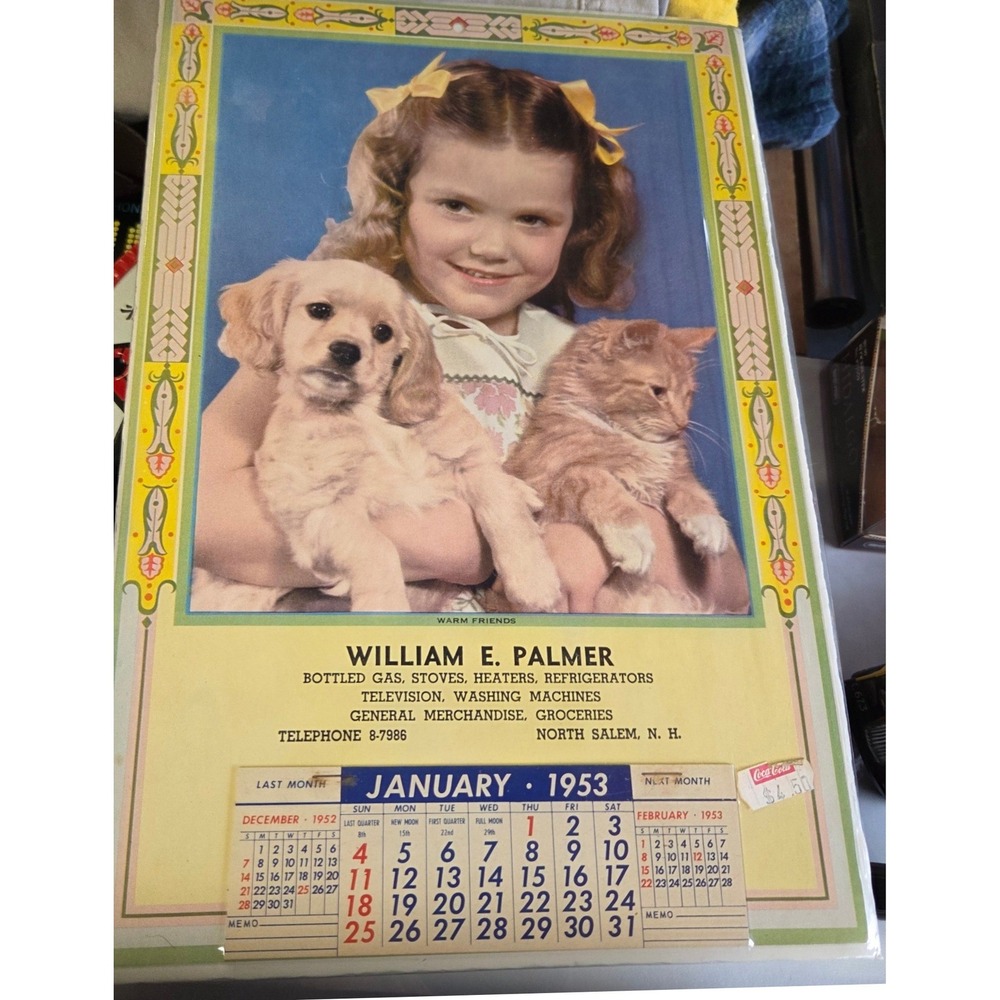 Vintage 1953 Calendar William E‎ Palmer Advertising Puppy Kitten Good